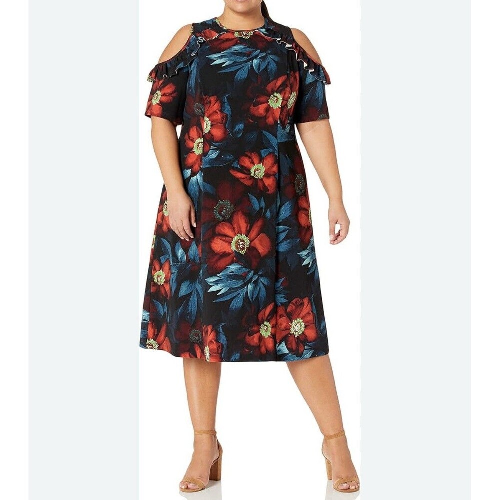 London Times Women's Dress Plus Size 16W  Colorful Floral Cut Out Shoulder